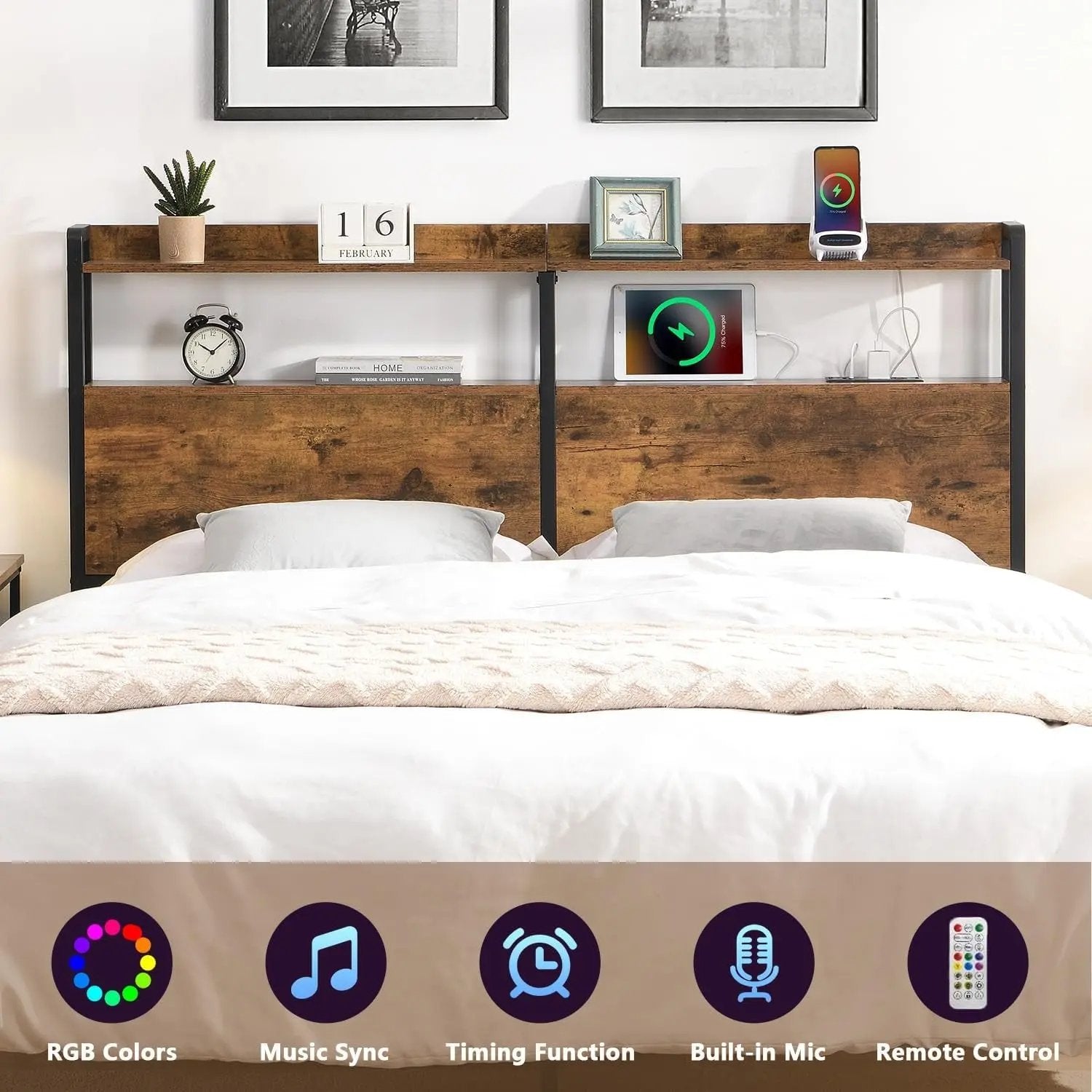 Queen Size Headboard with Storage and Charging Station-3