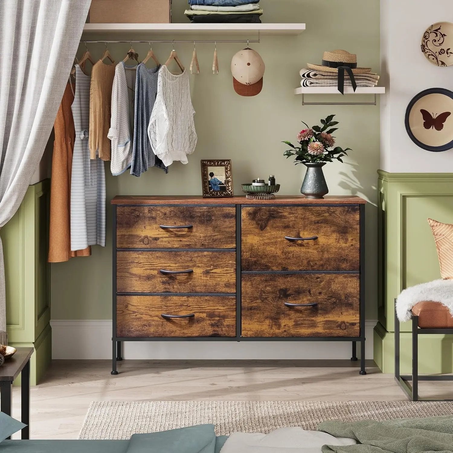 Dresser for Bedroom with 5 Drawers, Wide Bedroom Dresser with Drawer Organizers, Chest of Drawers, Fabric Dresser for Living Room, Closet, Hallway, Rustic Brown Wood Grain Print ShipItFurniture