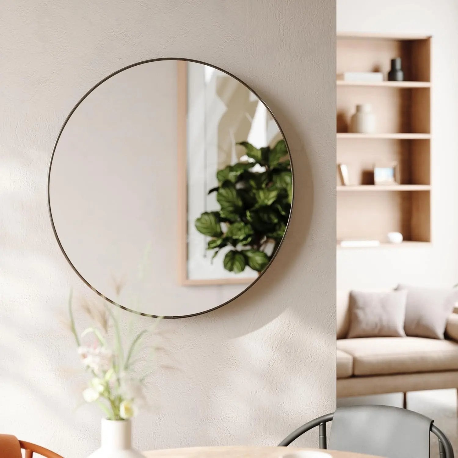 Hubba 34 Inch round Entryways, Washrooms, Living Rooms and More, Doubles as Wall Art, 34-Inch Circle Mirror, Titanium Finish-1