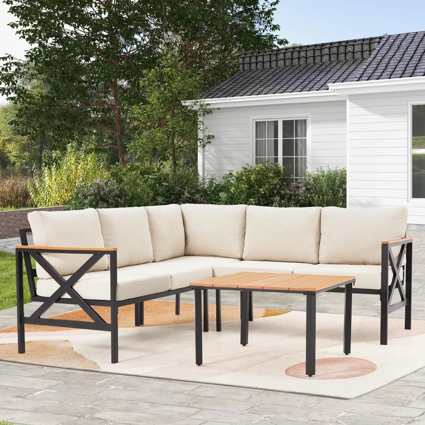 L Shape Metal Patio Furniture Set with Cushions-0