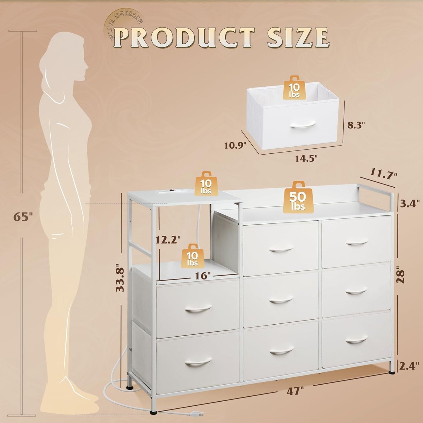 White Dresser TV Stand for Bedroom with Charging Station and Open Shelves, Fabric Dresser with 8 Drawers and Wood Top, Wide Storage Chest of Drawers for Living Room, Hallway ShipItFurniture