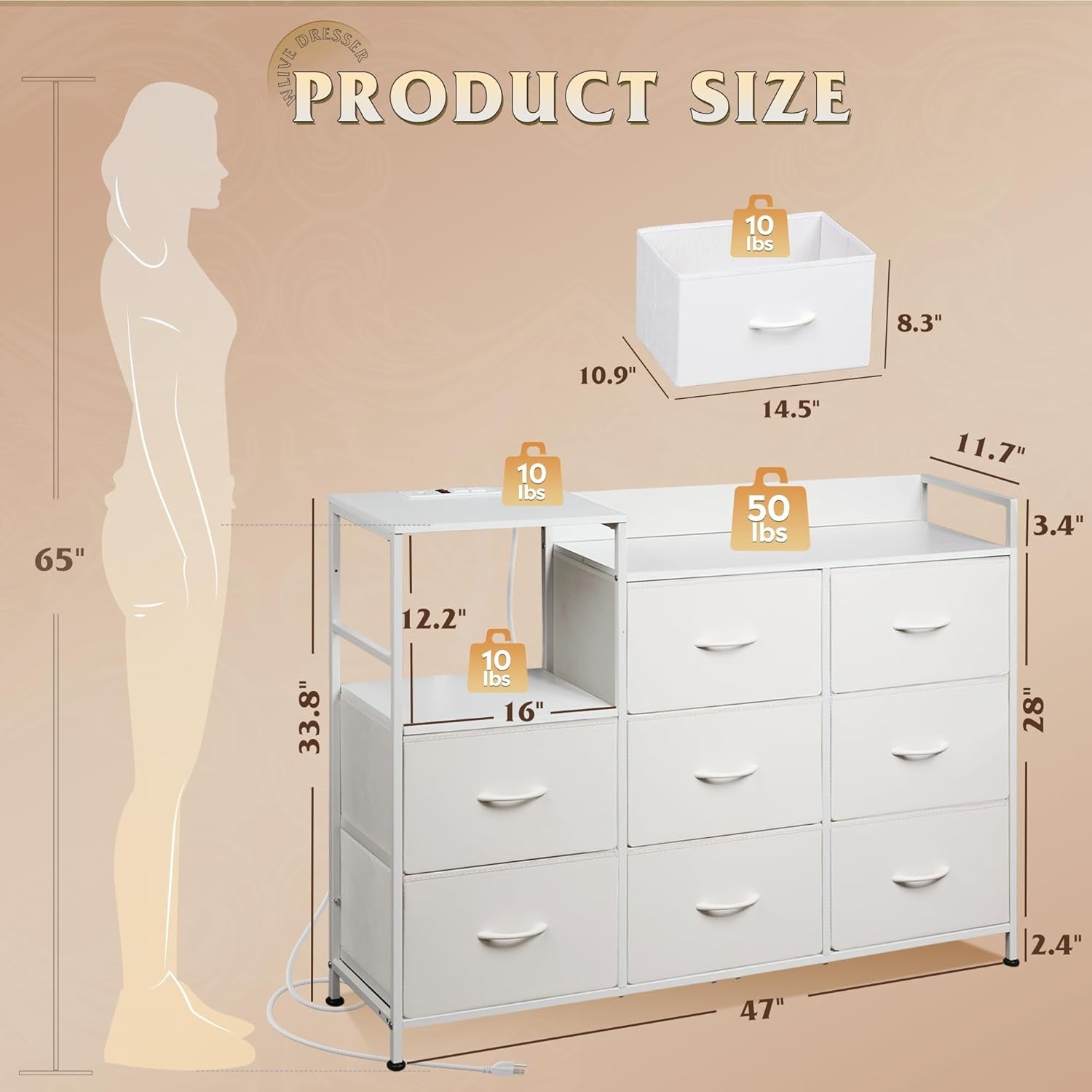 White Dresser TV Stand for Bedroom with Charging Station and Open Shelves, Fabric Dresser with 8 Drawers and Wood Top, Wide Storage Chest of Drawers for Living Room, Hallway ShipItFurniture