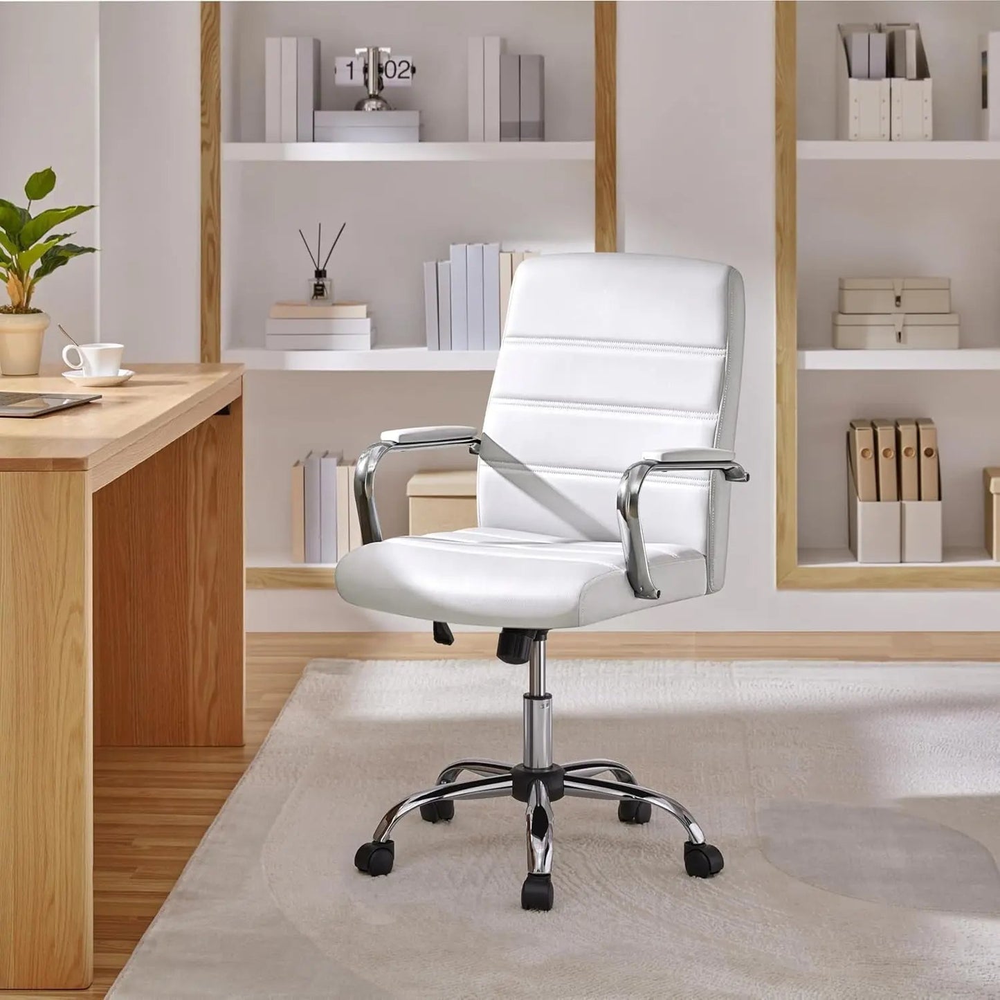 Office Desk Chair Mid-Back Leather Computer Chair Height Adjustable Ergonomic Executive Chair W/Lumbar Support Comfy Thick Padded Armrests and Seat, White ShipItFurniture