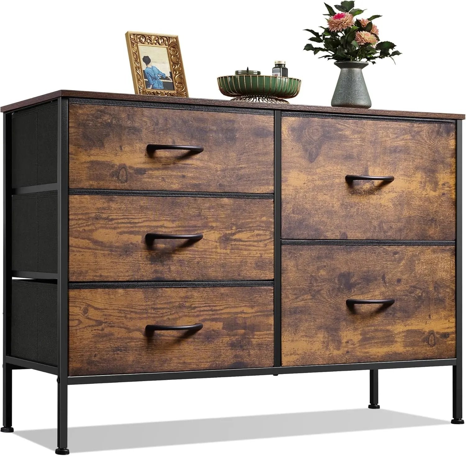 Dresser for Bedroom with 5 Drawers, Wide Bedroom Dresser with Drawer Organizers, Chest of Drawers, Fabric Dresser for Living Room, Closet, Hallway, Rustic Brown Wood Grain Print ShipItFurniture