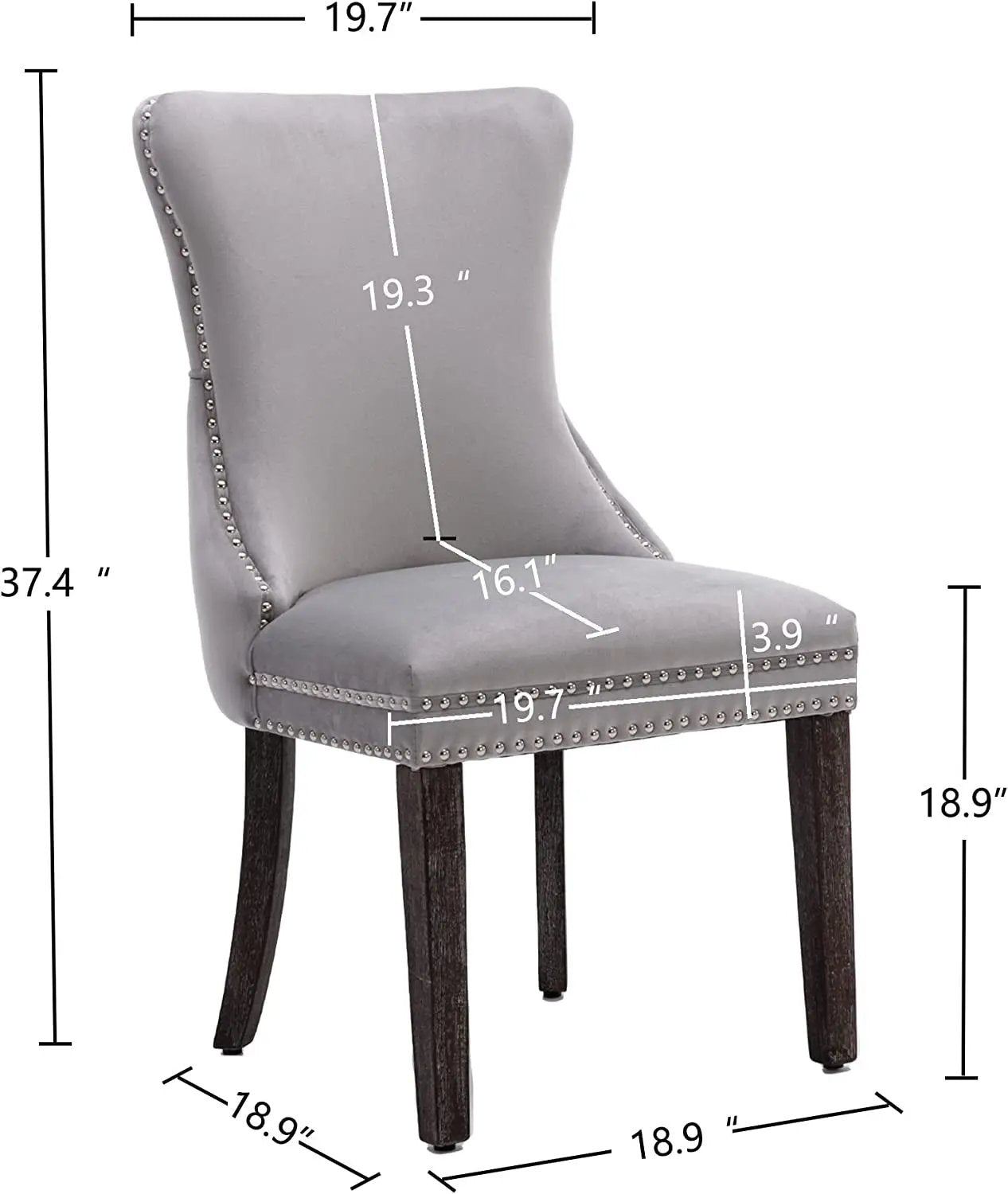 Set of 2 Light Gray Velvet Tufted Wingback Dining Side Chairs, Nailhead, Solid Wood Legs-2