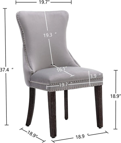 Set of 2 Light Gray Velvet Tufted Wingback Dining Side Chairs, Nailhead, Solid Wood Legs-2