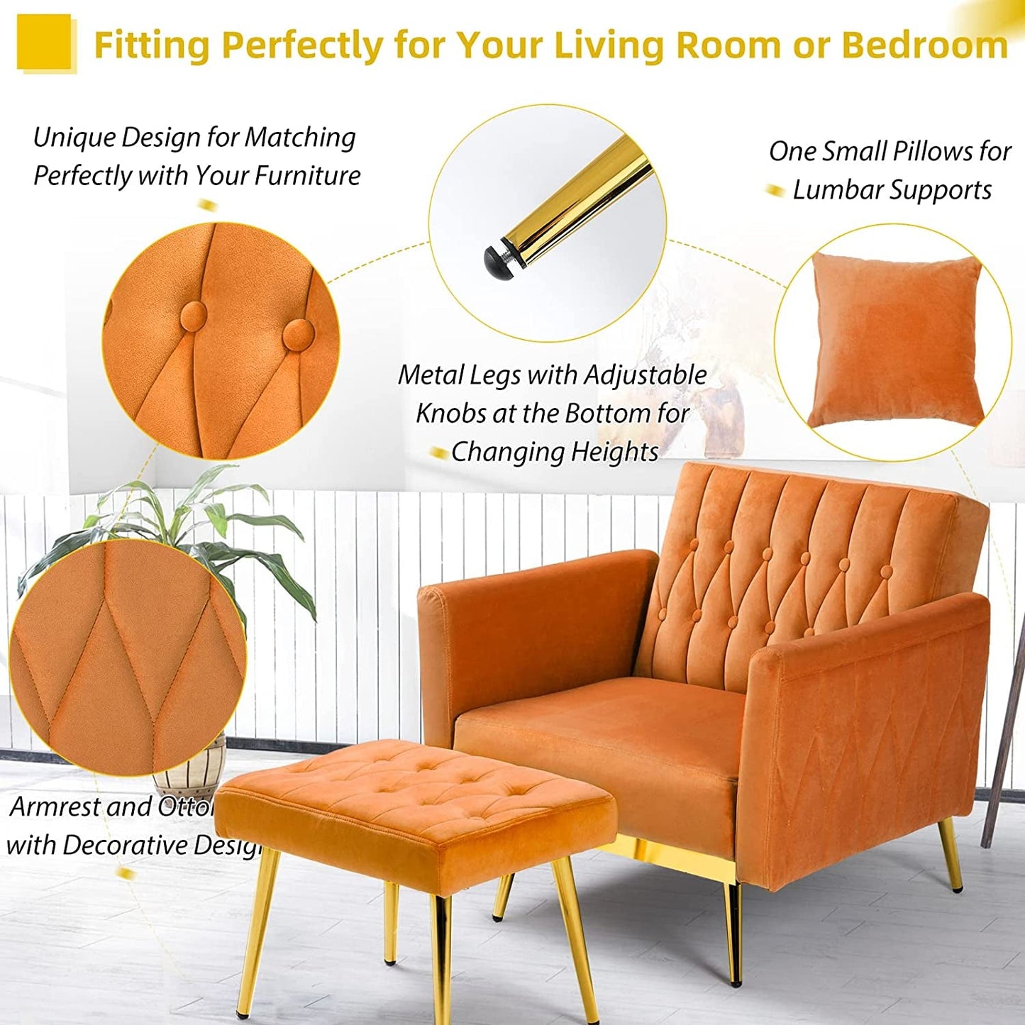 Adjustable Velvet Armchair with Ottoman, Orange ShipItFurniture