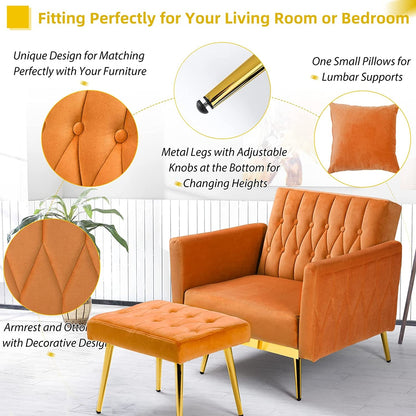 Adjustable Velvet Armchair with Ottoman, Orange ShipItFurniture