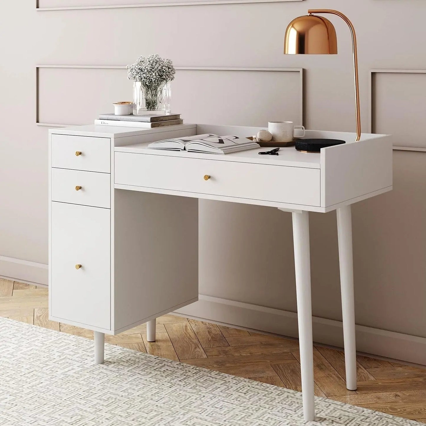 Daisy Vanity Dressing Table or Makeup Desk with 4-Drawers and Brass Accent Knobs, White Wood ShipItFurniture