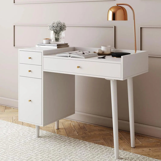 Daisy Vanity Dressing Table or Makeup Desk with 4-Drawers and Brass Accent Knobs, White Wood ShipItFurniture