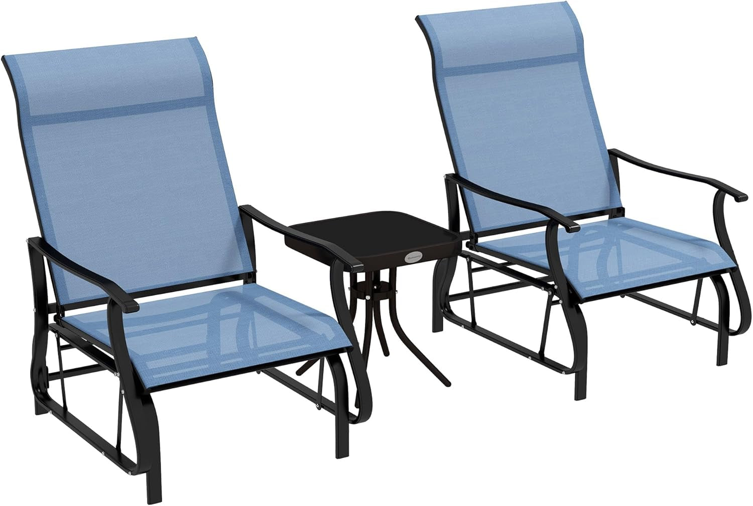 3-Piece Outdoor Gliders Set Bistro Set with Steel Frame, Tempered Glass Top Table for Patio, Garden, Backyard, Lawn, Light Blue ShipItFurniture