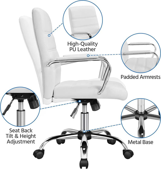 Office Desk Chair Mid-Back Leather Computer Chair Height Adjustable Ergonomic Executive Chair W/Lumbar Support Comfy Thick Padded Armrests and Seat, White ShipItFurniture
