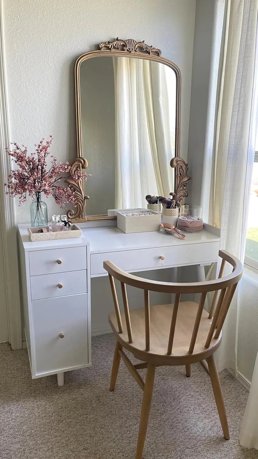Daisy Vanity Dressing Table or Makeup Desk with 4-Drawers and Brass Accent Knobs, White Wood ShipItFurniture