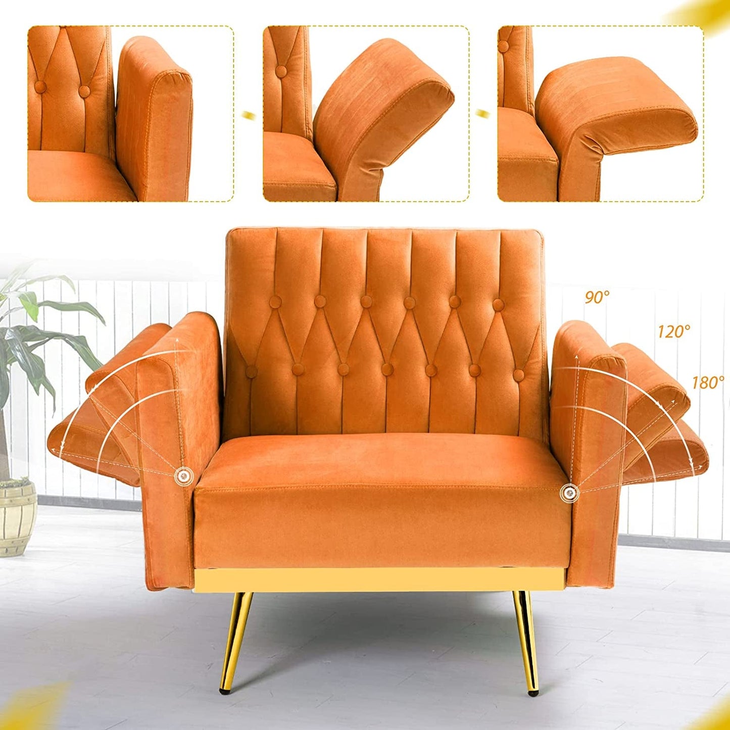 Adjustable Velvet Armchair with Ottoman, Orange ShipItFurniture