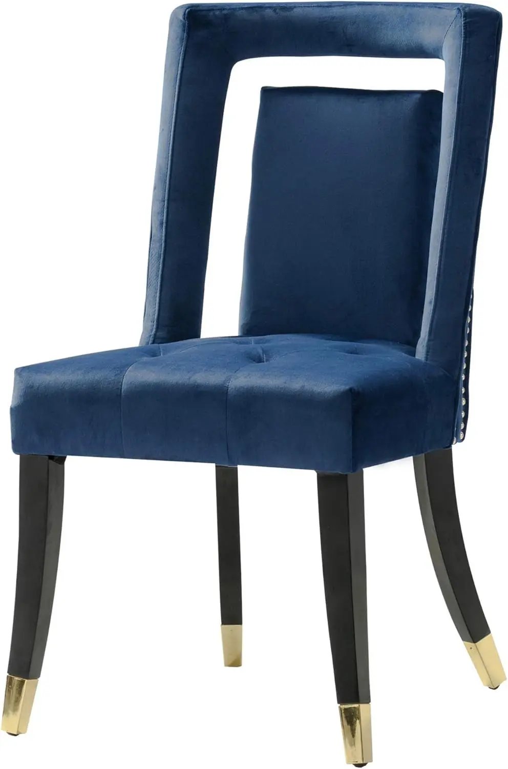 Elsie Dining Side Chair Velvet Upholstered Nailhead Trim Seat Espresso Finished Gold Tip Tapered Wood Legs Modern Transitional (Set of 2), Navy-2