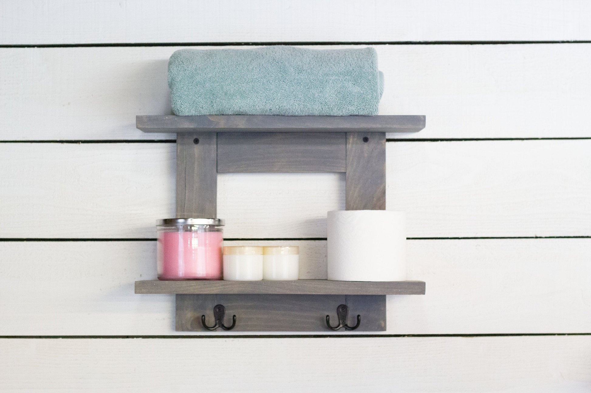 Bathroom Wall Shelf with 2 Double Towel Hooks The McGarvey Workshop