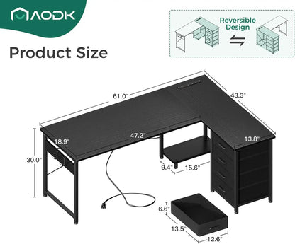 L Shaped Gaming Desk with 4 Drawers, 61" Reversible Home Office Desks with Power Outlets, L Shaped Computer Desk with USB Charging Port and Host Stand, Corner Desk, Easy to Assemble, Black-2