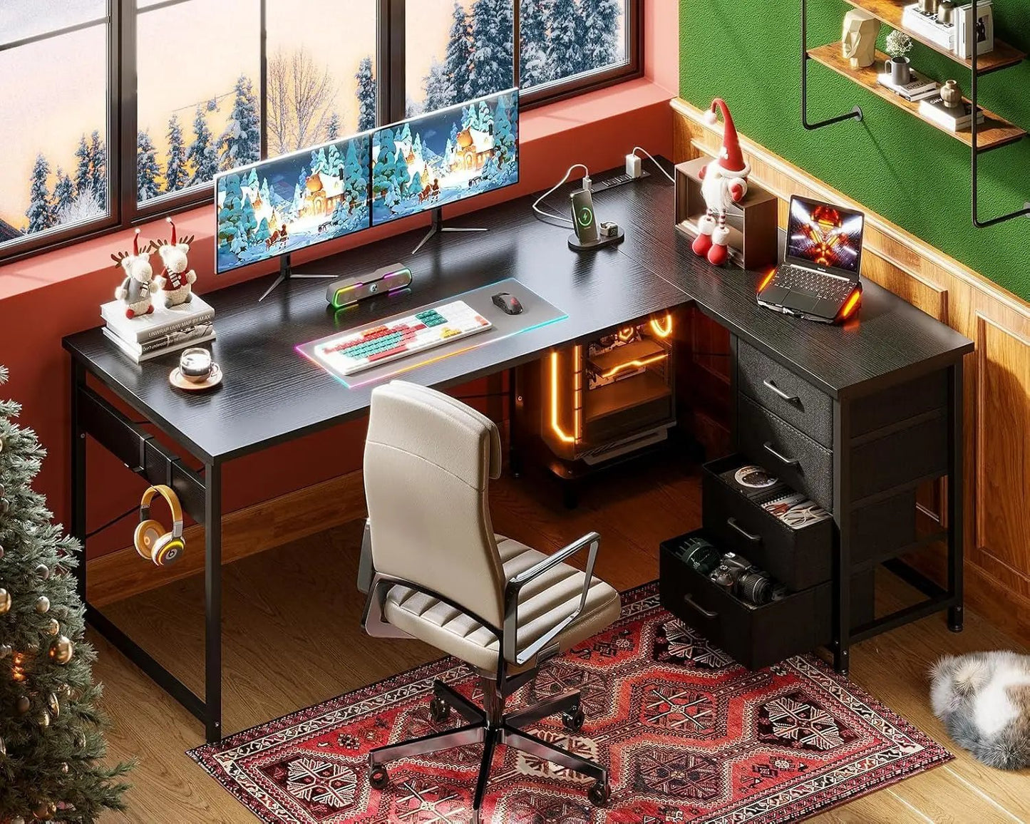 L Shaped Gaming Desk with 4 Drawers, 61" Reversible Home Office Desks with Power Outlets, L Shaped Computer Desk with USB Charging Port and Host Stand, Corner Desk, Easy to Assemble, Black-1