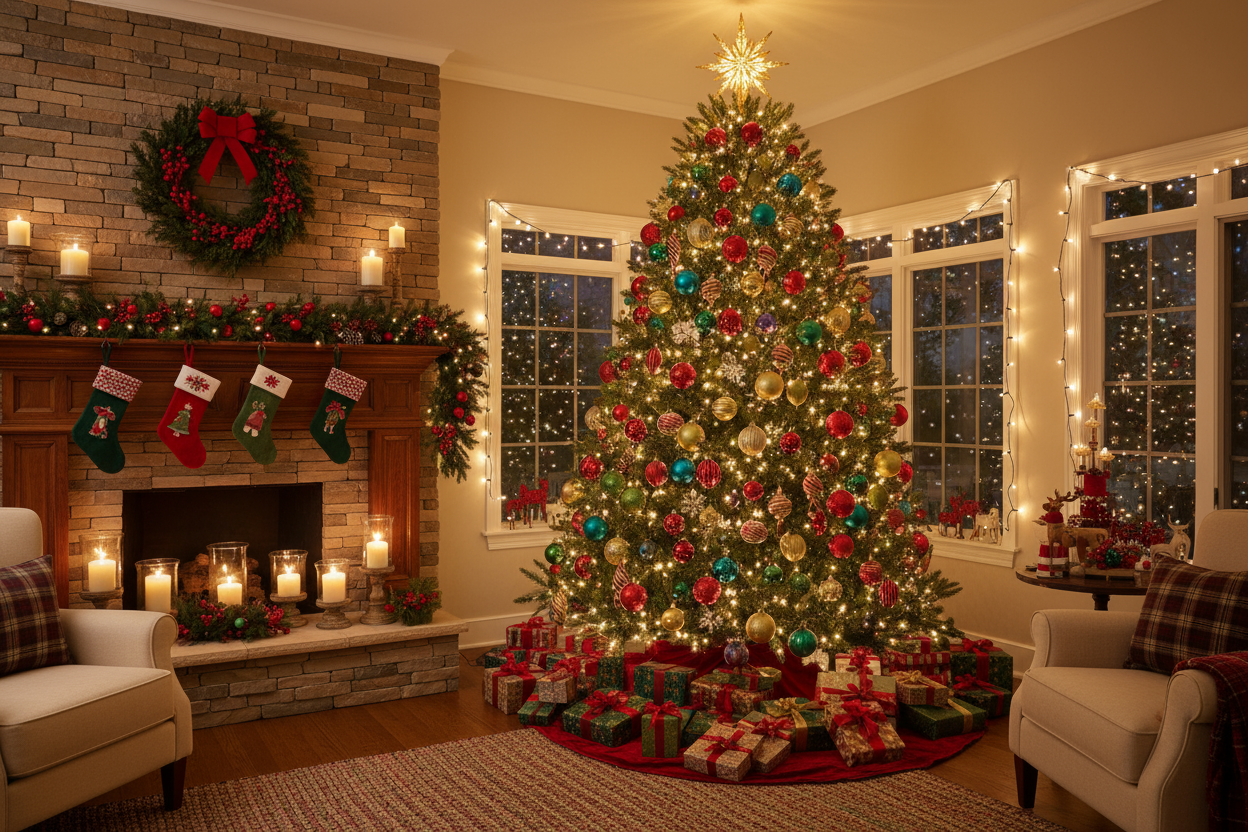 Need a photo of christmas decorations on a christmas tree in a living room 2with christmas home decor all around