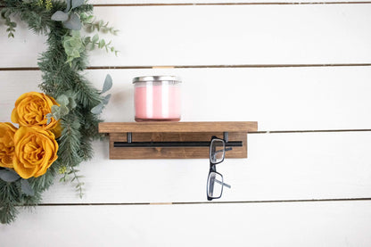 Floating Solid Wood Shelf with Metal Rail, Easy Install Minimalist Shelf with Towel Bar-0