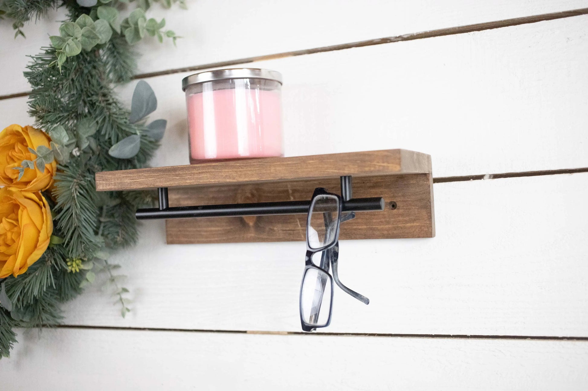 Floating Solid Wood Shelf with Metal Rail, Easy Install Minimalist Shelf with Towel Bar-1