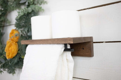Floating Solid Wood Shelf with Metal Rail, Easy Install Minimalist Shelf with Towel Bar-4