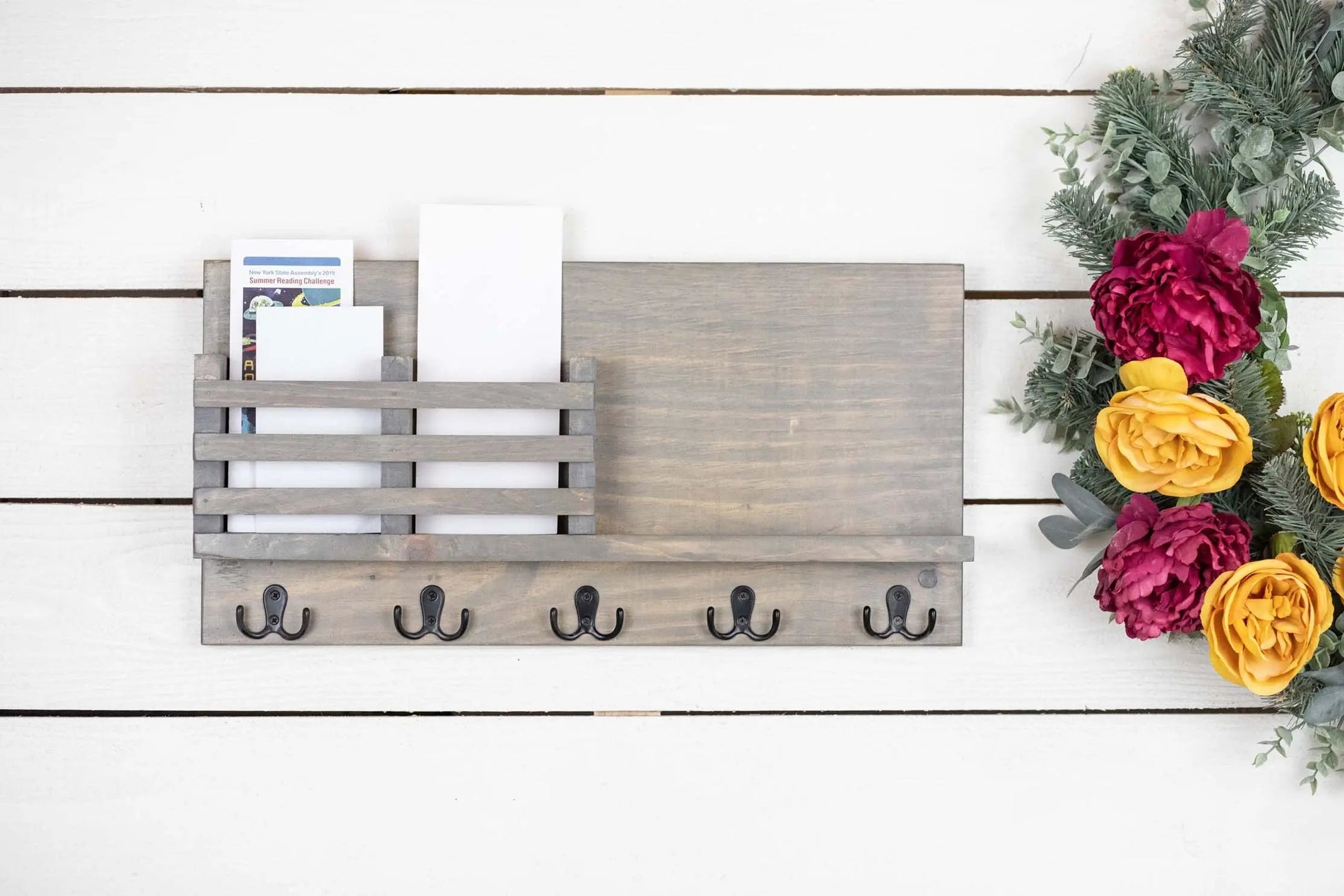 Easy Install Wall Mounted Entryway Organizer, Solid Wood Mail and Key Holder with Shelf-1