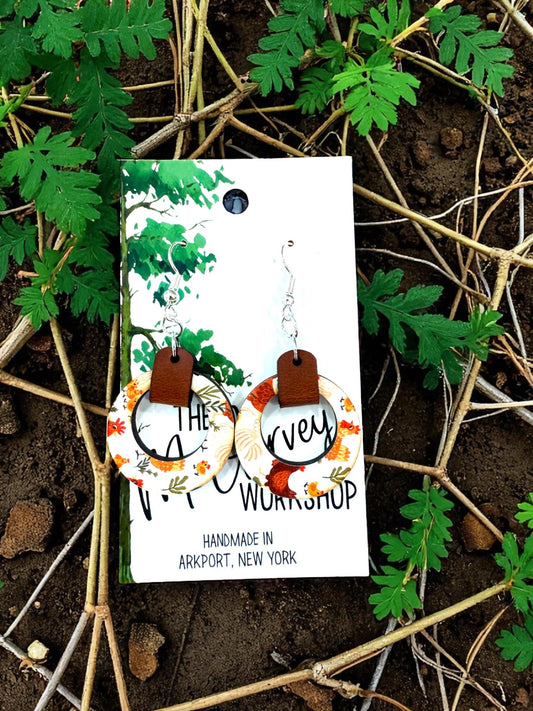 Wood and Leather Dangle Earrings, Wood Chicken Hoop Earrings, Hypoallergenic The McGarvey Workshop